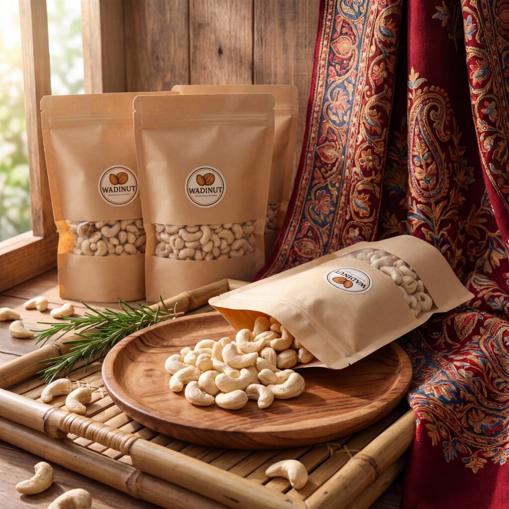 Whole white cashew kernels in a bowl