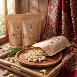 Whole white cashew kernels in a bowl
